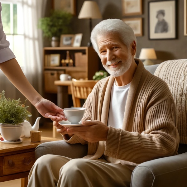 Elderly man receiving assistance with daily tasks.